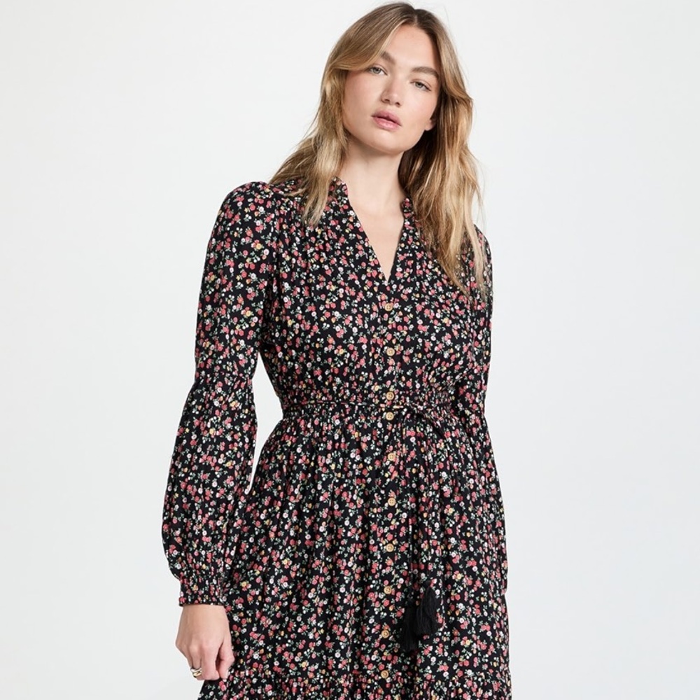 by TiMo Spring Midi Dress sm Floral Black Long Sleeves Cotton Tiered V Neck $388